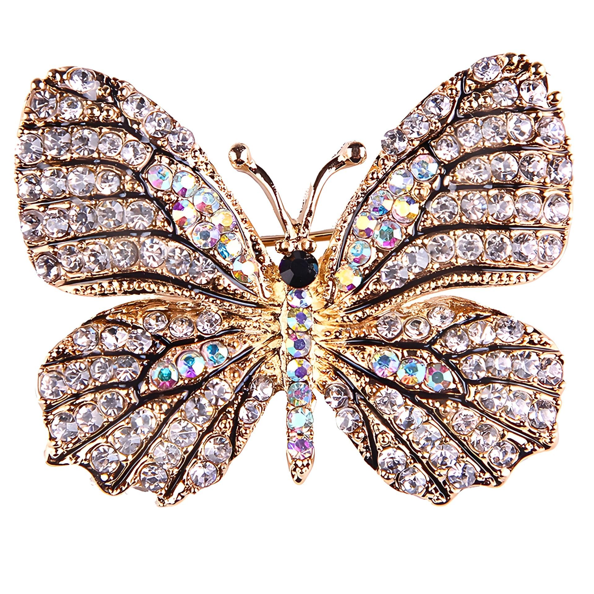 Gold Plated AB Colour Crystals Studded 'Baroque Bloom Butterfly' Brooch Cum Saree Pin For Women And Girls | Trendy Statement Fashion Brooch Jewelry | Elegant Pin for Saree, Blazers, Dresses, Bags & More (Brooch0693) 1 Pc-image-30