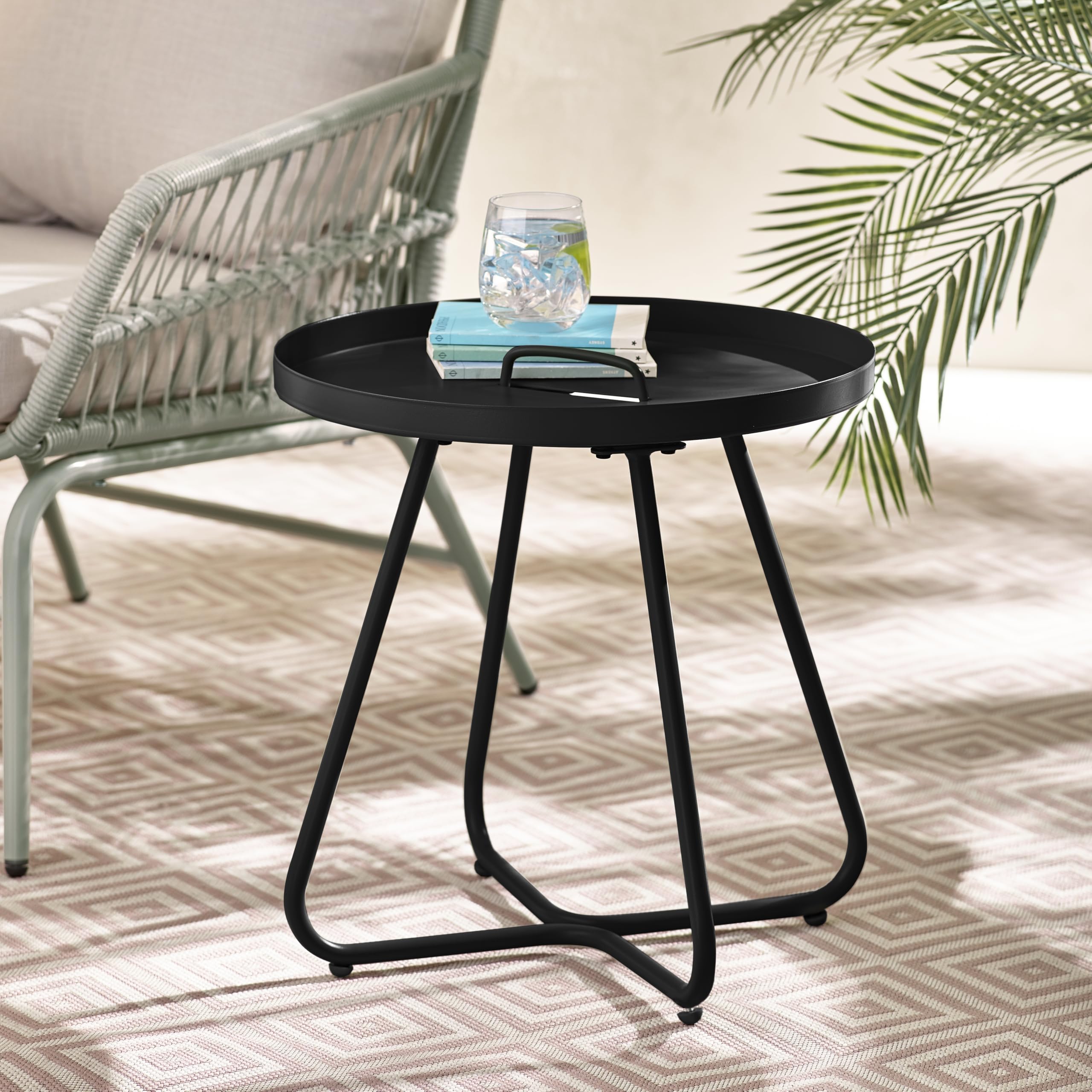 Furniturebox Metal Round Side Table - Black - Industrial Handle Detail, Indoor & Outdoor, 49x49cm - Lyon Collection