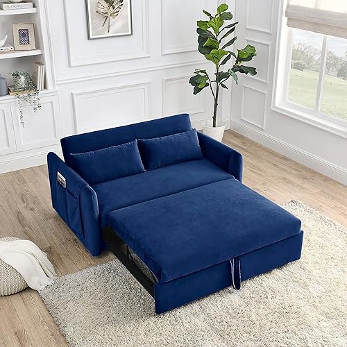 Sofá cama convertible de terciopelo de 55 pulgadas, moderno sofá cama extraíble con respaldo ajustable, reposabrazos de diseño de cuadrícula y 2