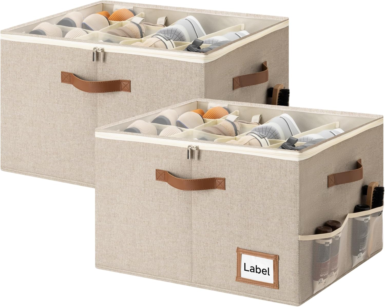 StorageWorks Shoe Organizer for Closet, 2 Pack Shoe Storage Boxes with Clear Lid, Stackable Shoe Storage Organizer for Sandals and Slippers, Fabric Shoe Bins for Closet, Holds 16–32 Pairs, Brown