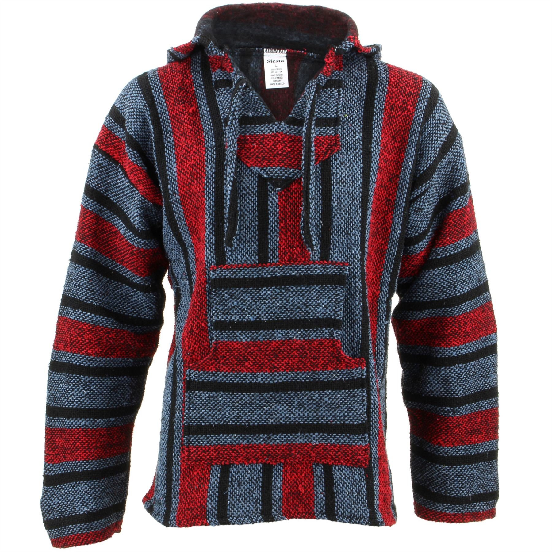 Siesta Mexican Baja Jerga Hoody - Blue & Red (Large)