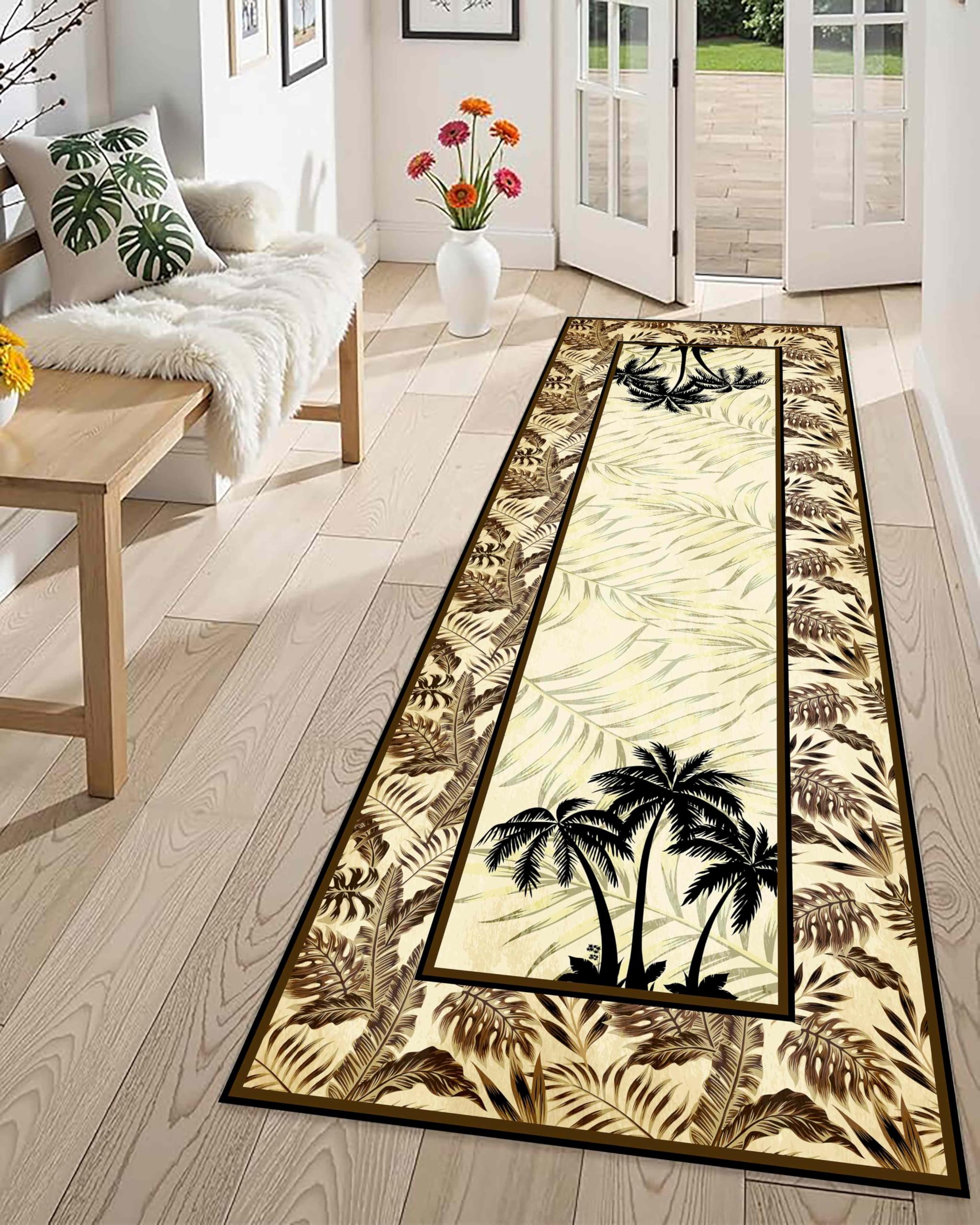 Vintage Leaf Runner Rug,65x220cm, Brown Leaves Coconut Tree Tropical Style Hallway Long Area Rug With Non-Slip Backing, Washable Botanical Print Kitchen Mat for Living Room Bedroom Dining Room โ image 1