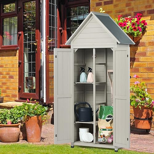 Miniatura 6 de Cobertizo de almacenamiento al aire libre con piso y estantes ajustables, armario de herramientas de jardín de madera resistente a la intemperie,