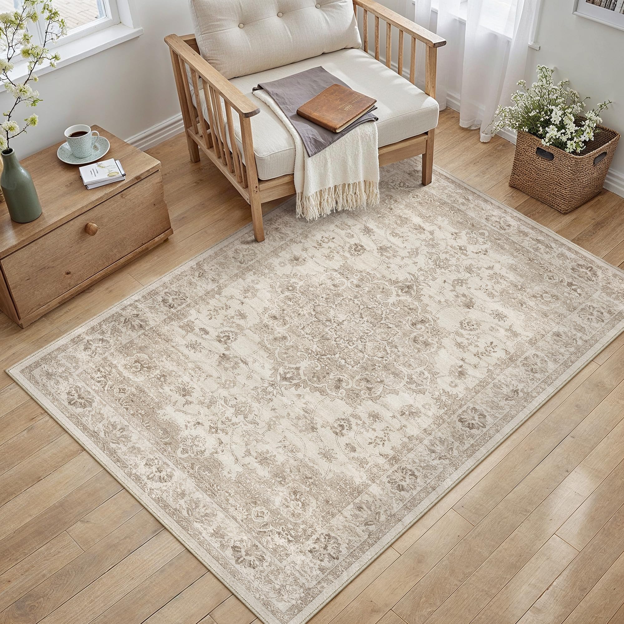 PureCozy Washable Beige Rug Living Room 80 x 150 cm Vintage Rug for Living Room Short Pile Non-Slip Soft Bohemian Retro Carpet for Kitchens Bedroom Dining Room Bedroom — image 1