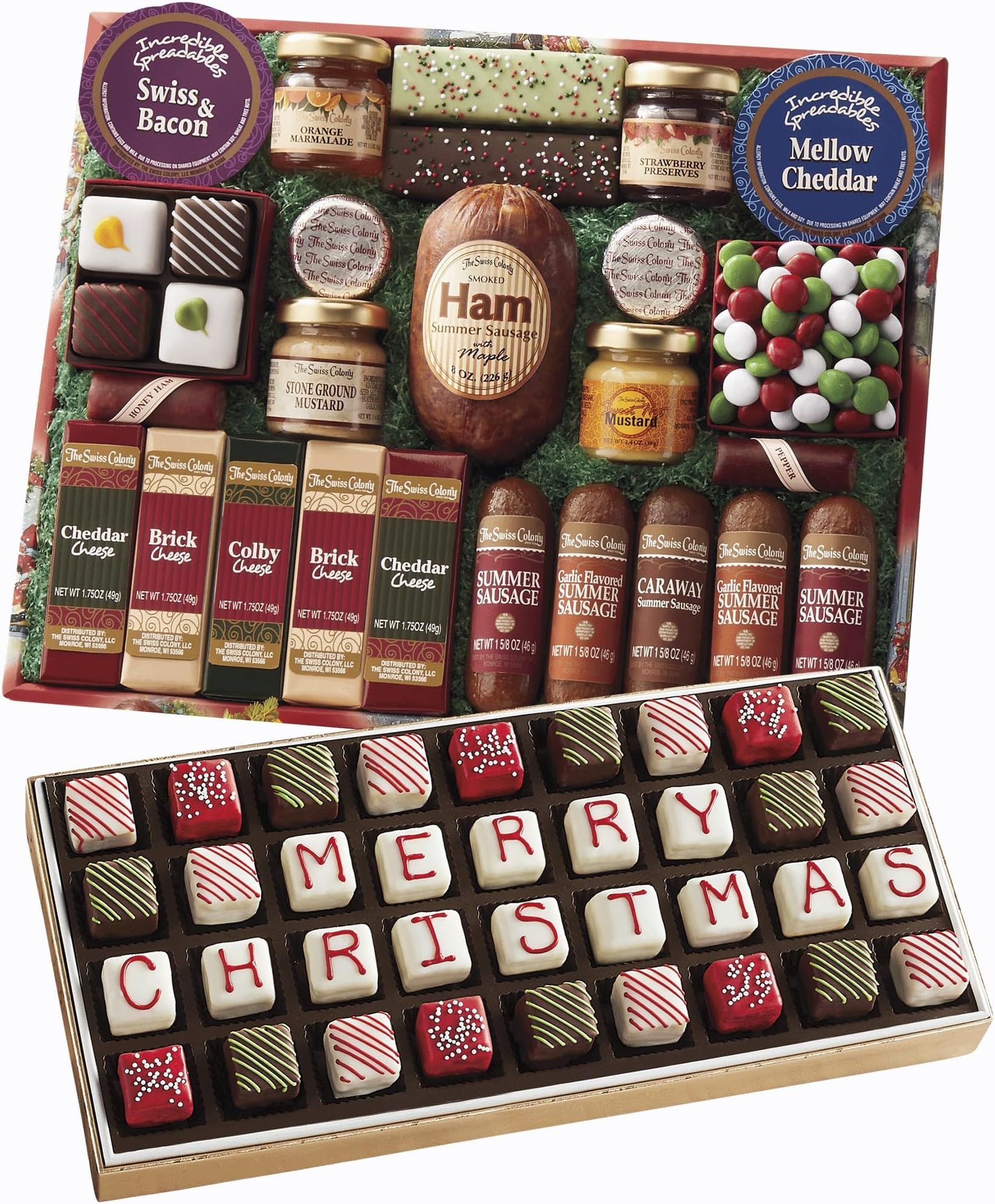 25 Holiday Favorites - Assorted Sausage Meats, Cheese Blocks, and Spreadables, Chocolates Sweet and Savory Variety Treats, with Merry Christmas Petits Fours - Gourmet Mini Layer Cakes