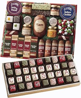 25 Holiday Favorites - Assorted Sausage Meats, Cheese Blocks, and Spreadables, Chocolates Sweet and Savory Variety Treats, with Merry Christmas Petits Fours - Gourmet Mini Layer Cakes