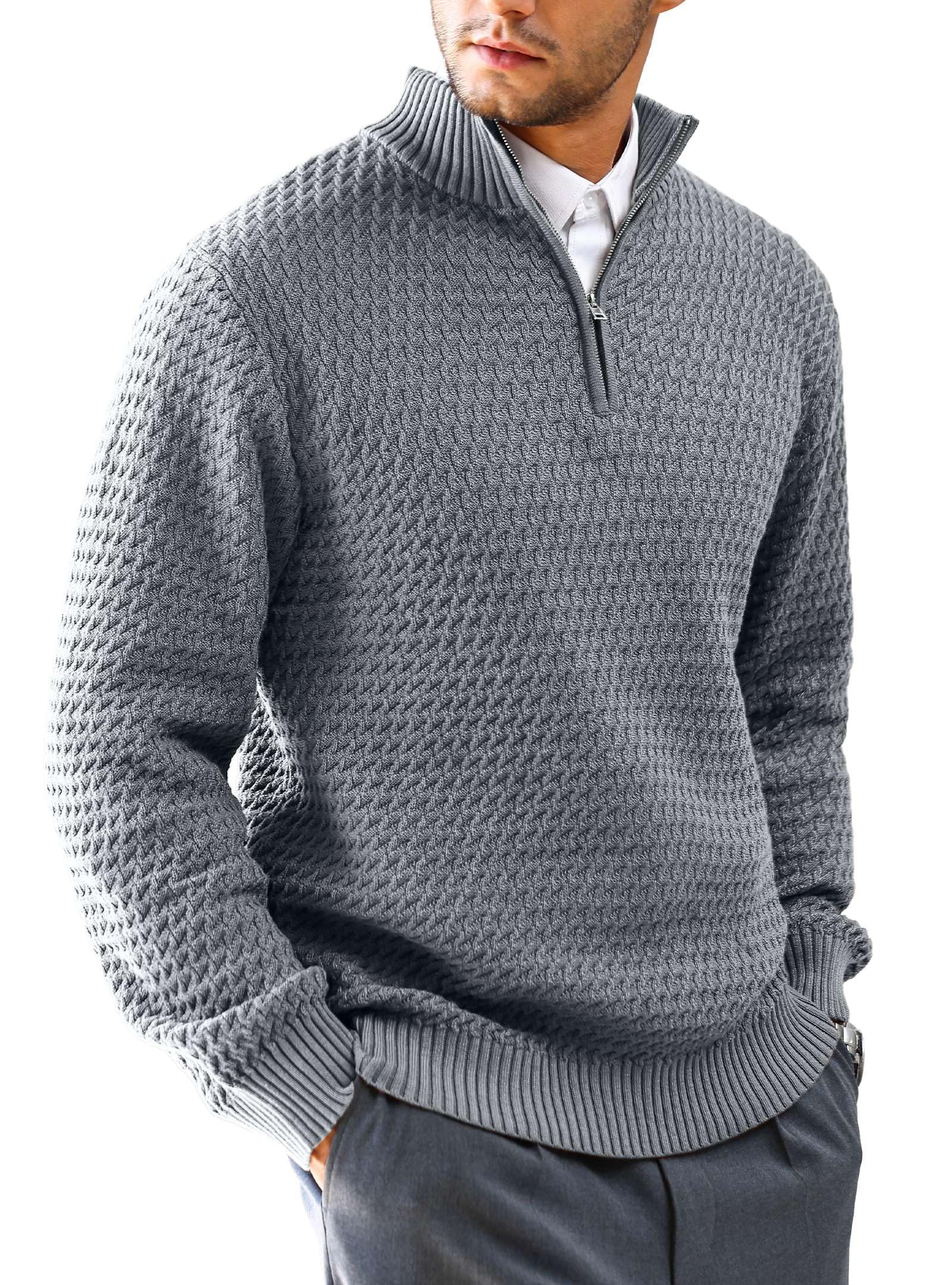 HYPESTFIT Pull Homme 1/4 Zip - Pullover Tricoté à Col Montant avec Fermeture Éclair, Manches Longues et Poignets Côtelés