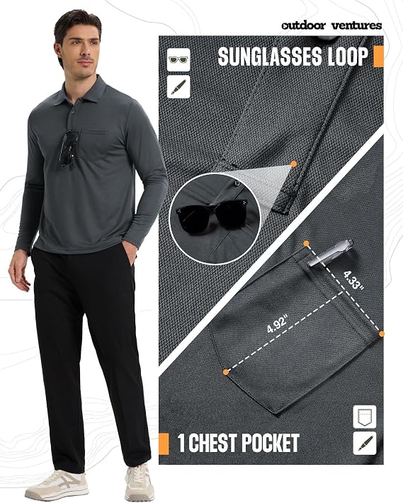 Outdoor Ventures Men's Long Sleeve Golf Polo UPF50+ Breathable Shirt