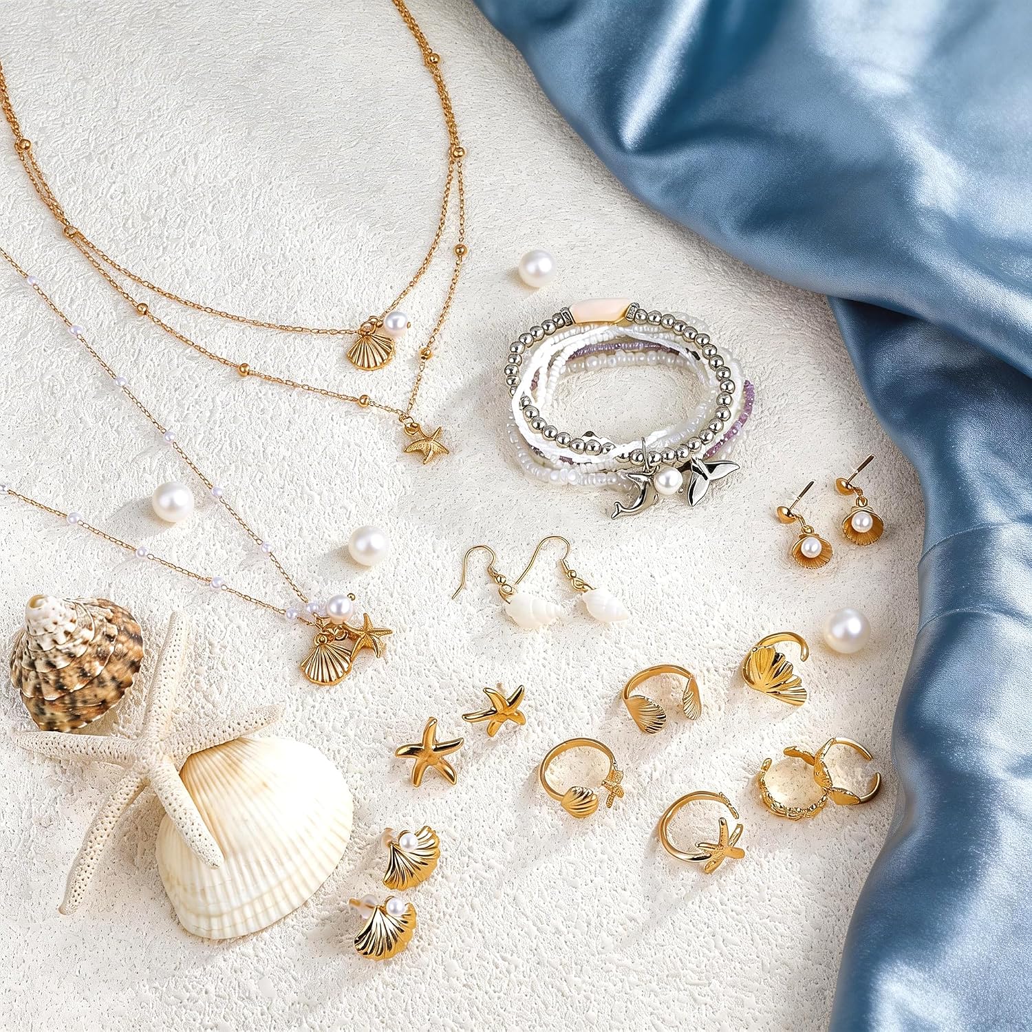 23 Pcs Beach Jewelry Set for Women Seashell Starfish Pearl Layer Necklace Bracelet Rings Earrings Boho Summer Vacation Beach Accessories Set Seashell Starfish Jewelry