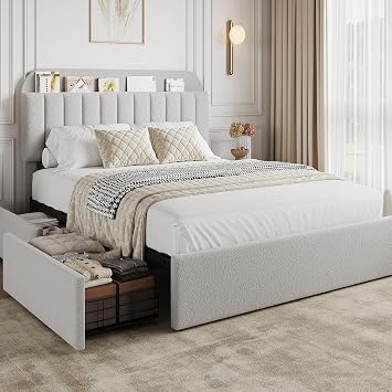 Queen Bed Frame with Storage Headboard and 2 Drawers, Boucle Upholstered Platform Bed, Modern Girls Bed Frames for Rooms, No Box Spring Needed, Easy Assembly, Grey