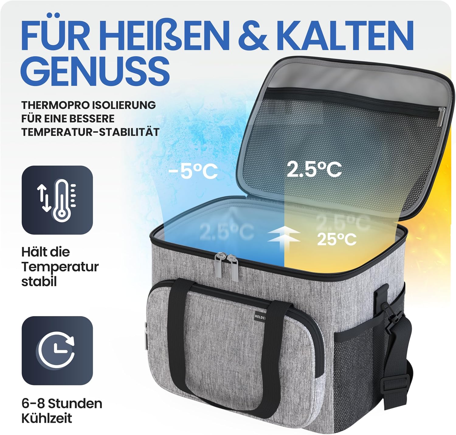 HELDENWERK Cool Bag for Food & Drinks, Insulated Thermal Bag, Leak-proof & Waterproof, Breakfast Bag, Picnic Lunch Bag, Thermal Bag, Insulated Bag, Grey Grey 20 l