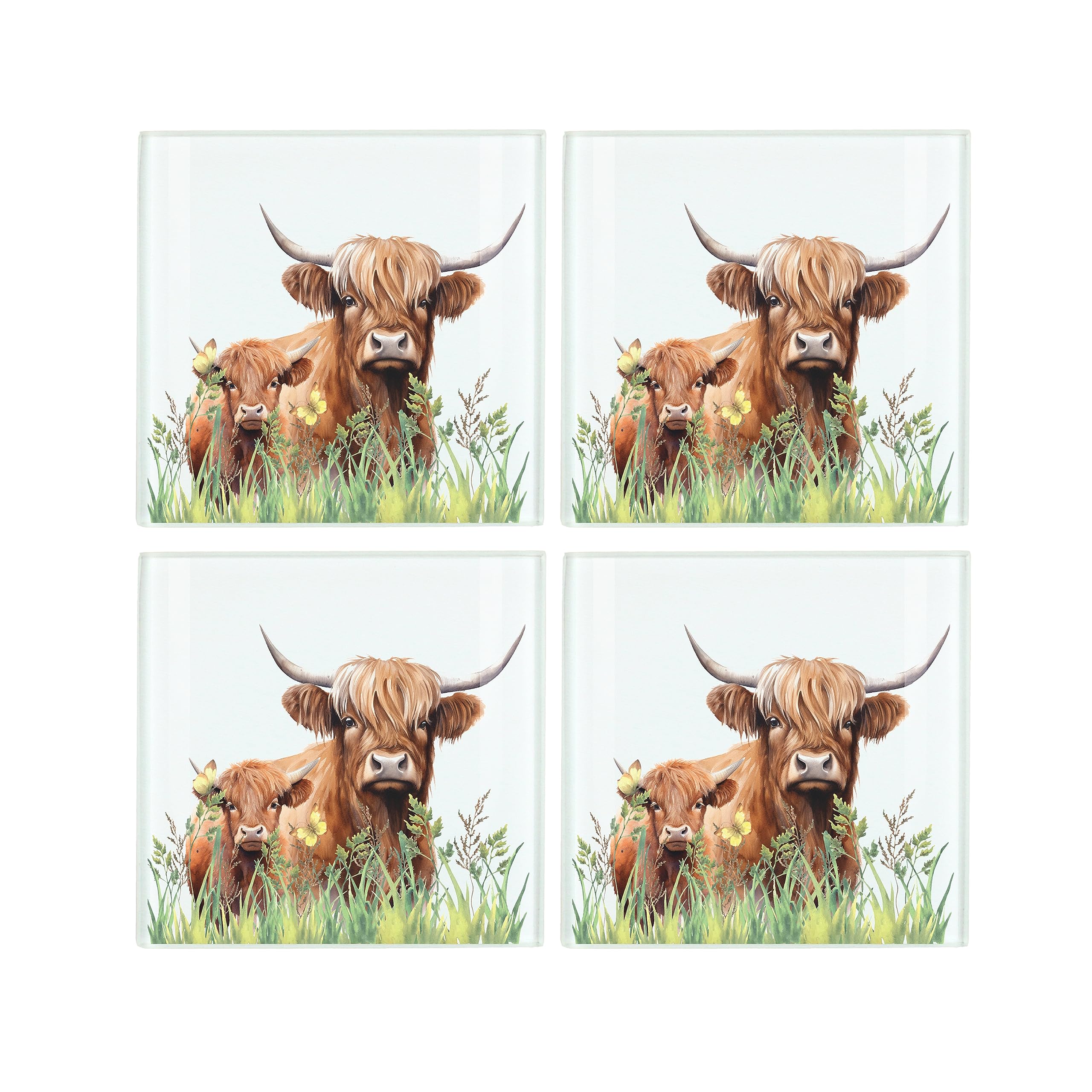 Purely Home Highland Cow Coaster Set - Square Glass Mum & Baby Calf Cow Animal Design - Set Of Four (4) Coasters