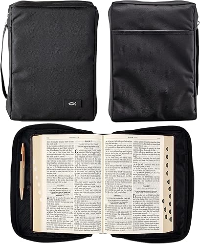 Miniatura 144 de Funda de lona para hombres y mujeres con cremallera para Biblia o libro con asa. Azul marino/Be Still