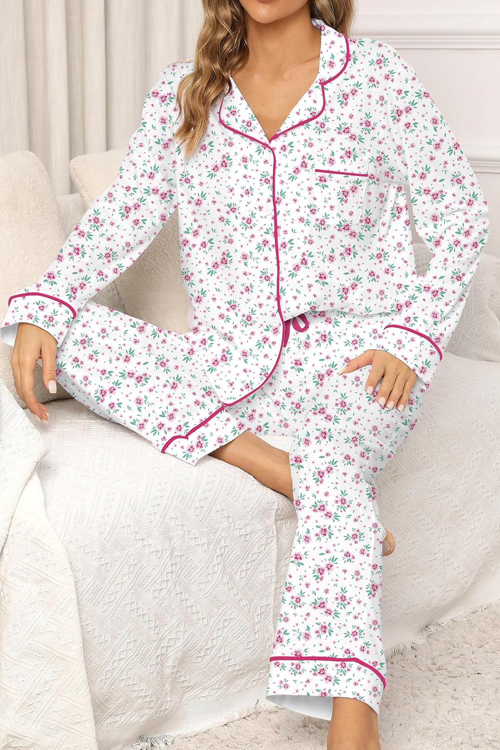 LUBOT 100% Cotton Pajamas for Women PJ Set Soft Button-Down 2 Piece Set Knitted Long Sleeve Sleepwear Loungewear XS-XXL