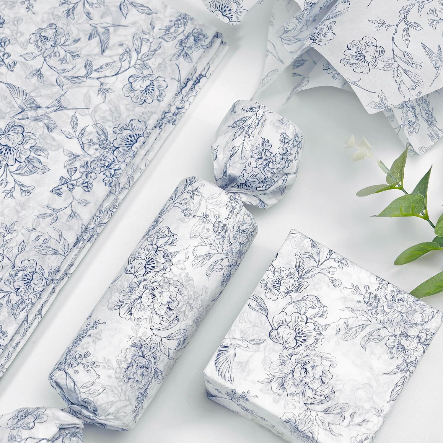 ROSYJUNE 120 Sheets Vintage Floral Tissue Paper, 20" x 14" Blue and White Tissue Paper for Gift Bags, Wrapping Tissue Paper for Flowers Packaging Birthday Wedding Art Crafts Decoration