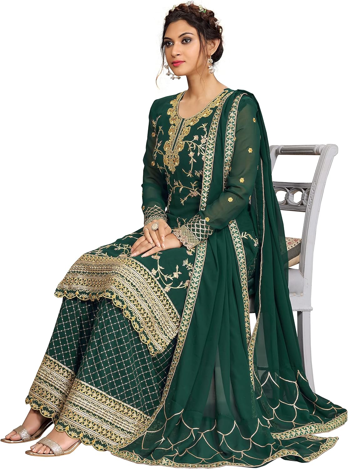 TRENDMALLS Women's Georgette Embroidery Indian Pakistani Kurta Sharara Suit Set Ethnic Dress