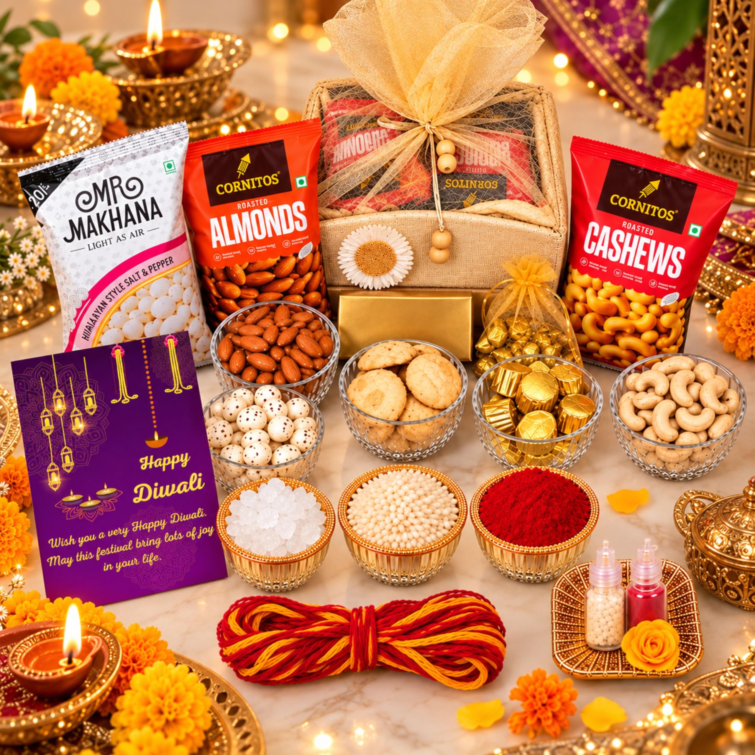 NUTRI MIRACLE Bhaidooj Roasted Nuts and Chocolate Gift Hamper with Tilak Kit for Brother | Bhai Dooj Gift Pack in Wicker Basket