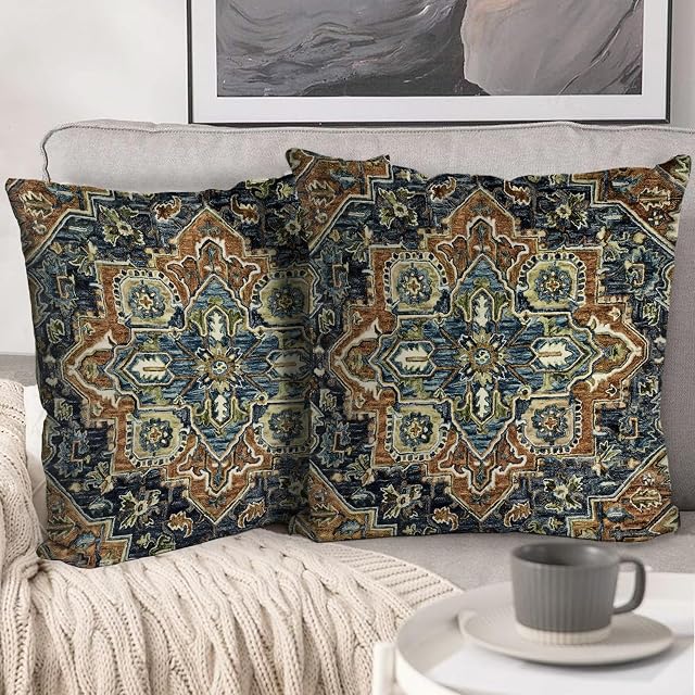 Boho Throw Pillow Covers 18x18 inch Set of 2,Boho Vintage Carpet Pattern Antique Ethnic Decor Double Sided Pattern Cushion Cover Soft Pillow Case Living Sofa Room Bed Square Pillow Cover