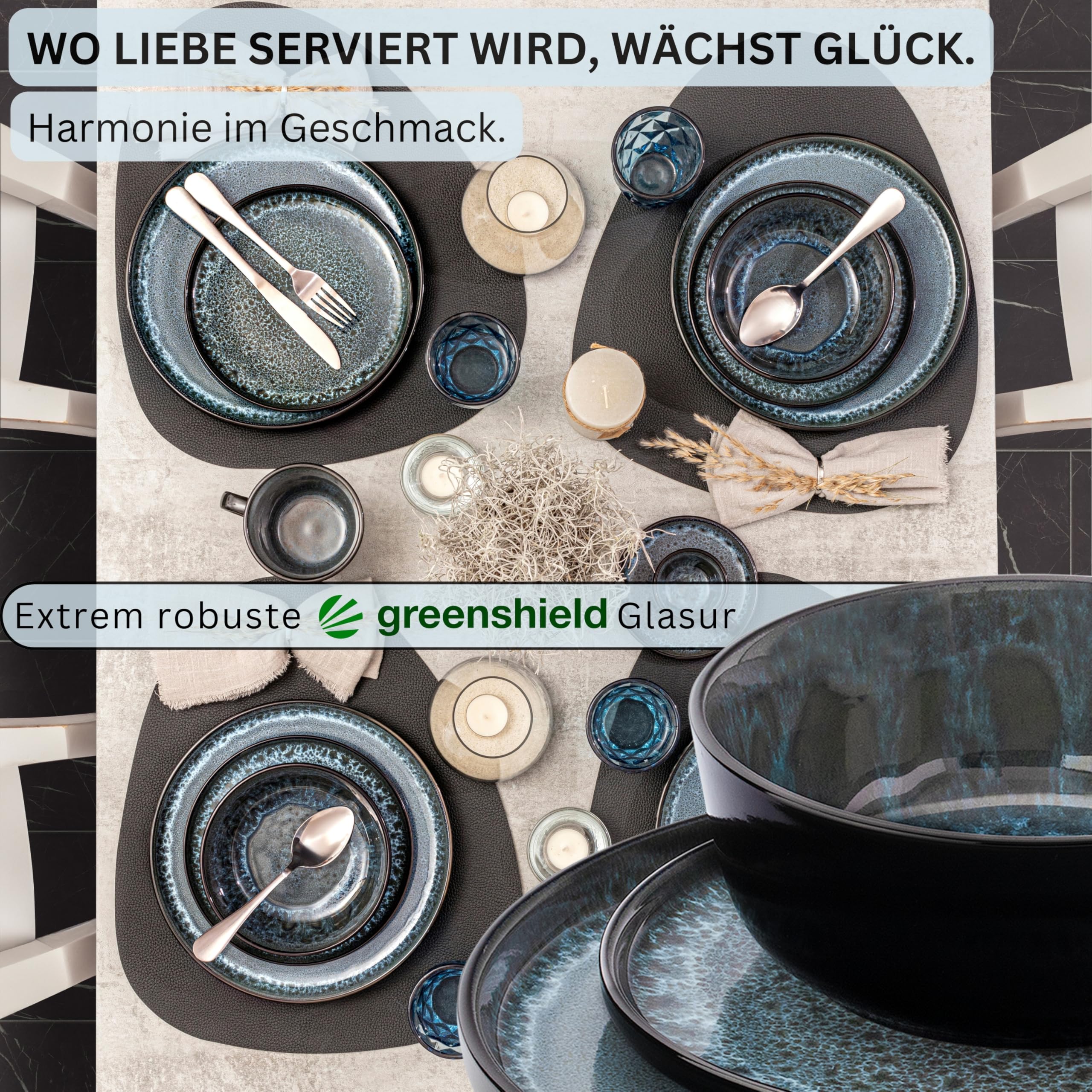 MÄSER Natural 16-teiliges Kombiservice – Für 4 Personen – Steingut, Blau & Rot – Mit 4 Bechern (270ml), 4 Schalen (400ml), 4 Kuchentellern & 4 Speisetellern – Spülmaschinen- & Mikrowellengeeignet Kombiservice 16 Teilig