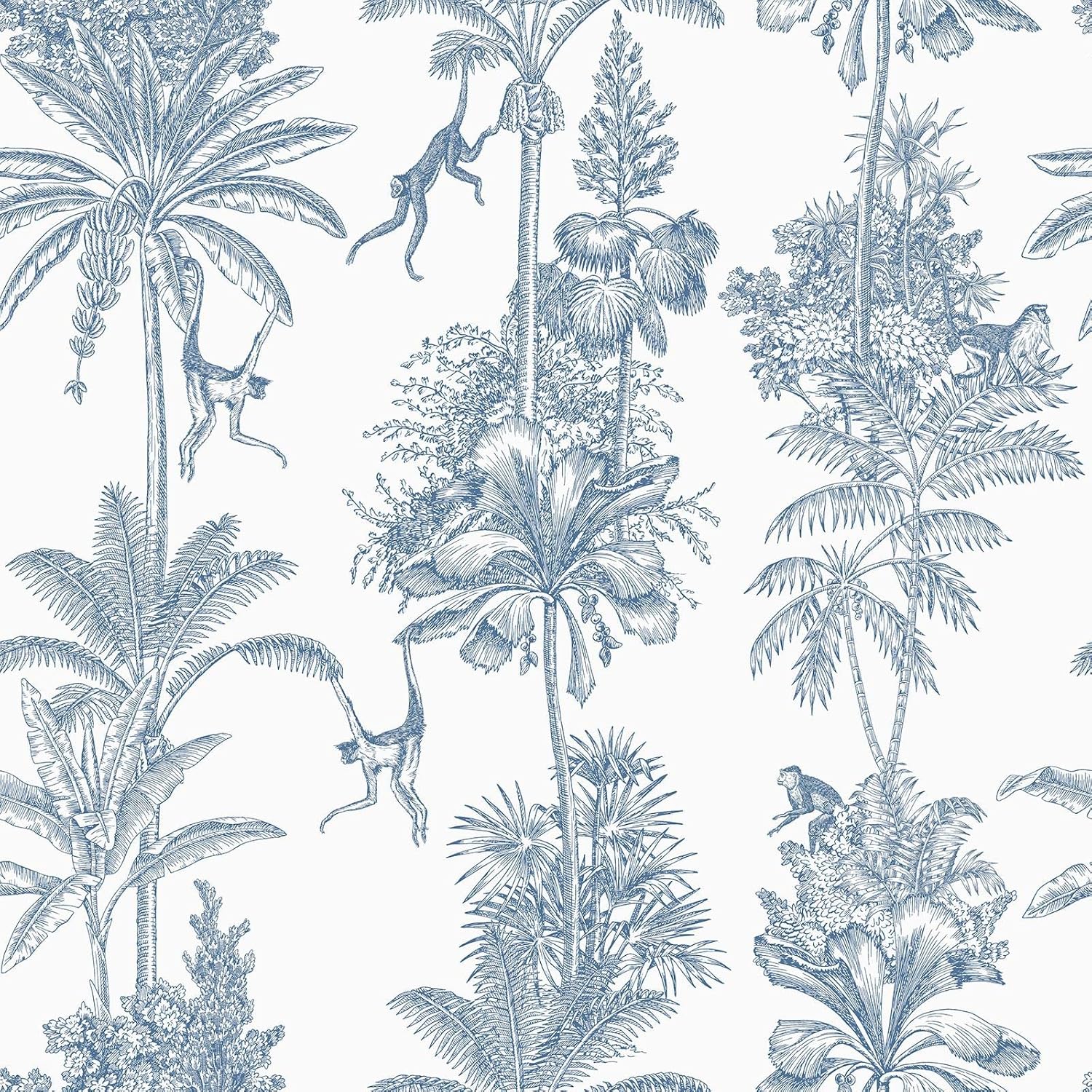 World of Wallpaper Monkey Troop Toile Tropical Wallpaper Blue/White
