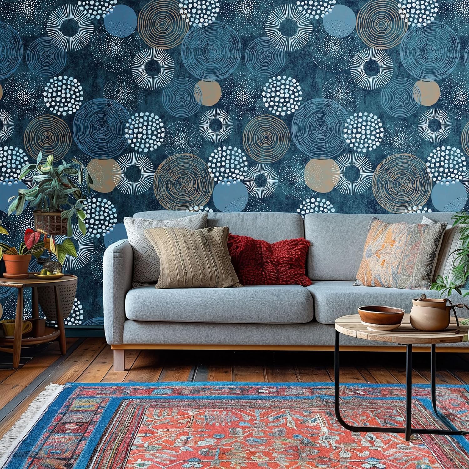 AMUGISH Mid-Century Blue Boho Pattern Wall Mural Wallpaper | Peel and Stick | Retro Chic for Living Room, Bedroom, Kitchen, Nursery - 101''W x 75''H Peel and Stick