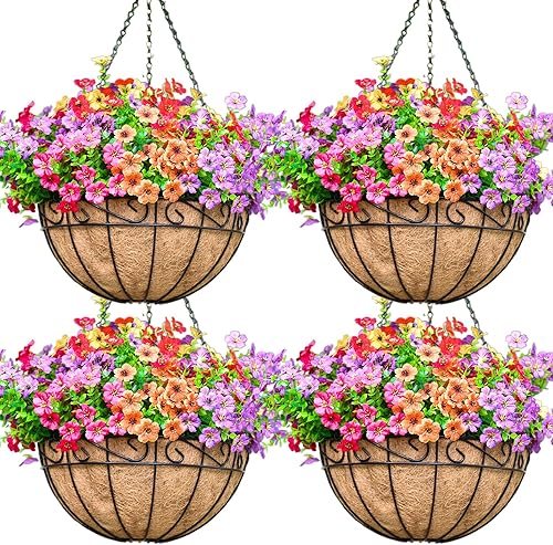 Paquete de 4 macetas colgantes de metal de 14 pulgadas, maceta colgante de coco redondo natural, maceta de coco para colgar flores, verduras, hogar,