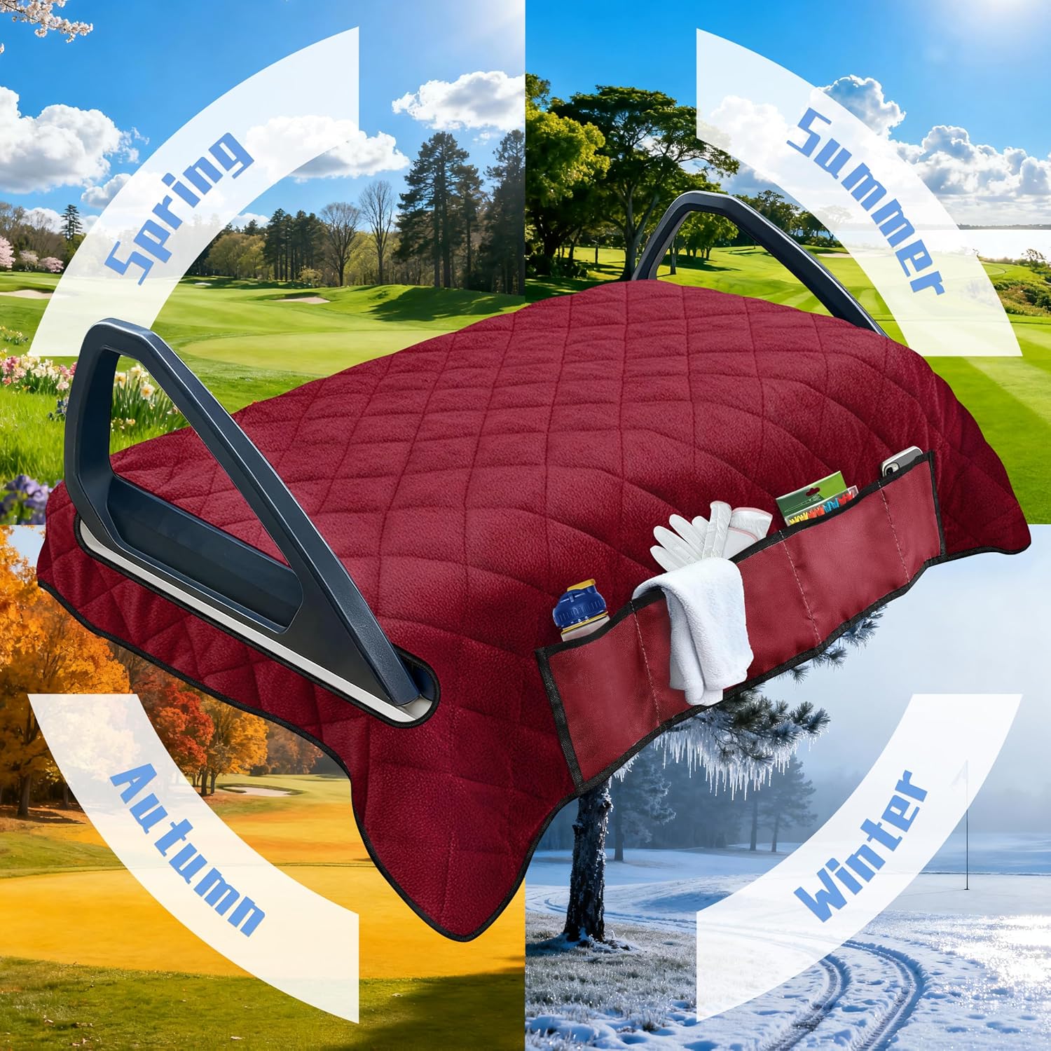 YOKYHOM Golf Cart Seat Covers with 4 Front Pockets, Thick Seat Towel Blanket with Non-Slip Backing, Fits EZGO, Club Car, Yamaha and More 2 & 4 Passenger Golf Carts, Red image 5
