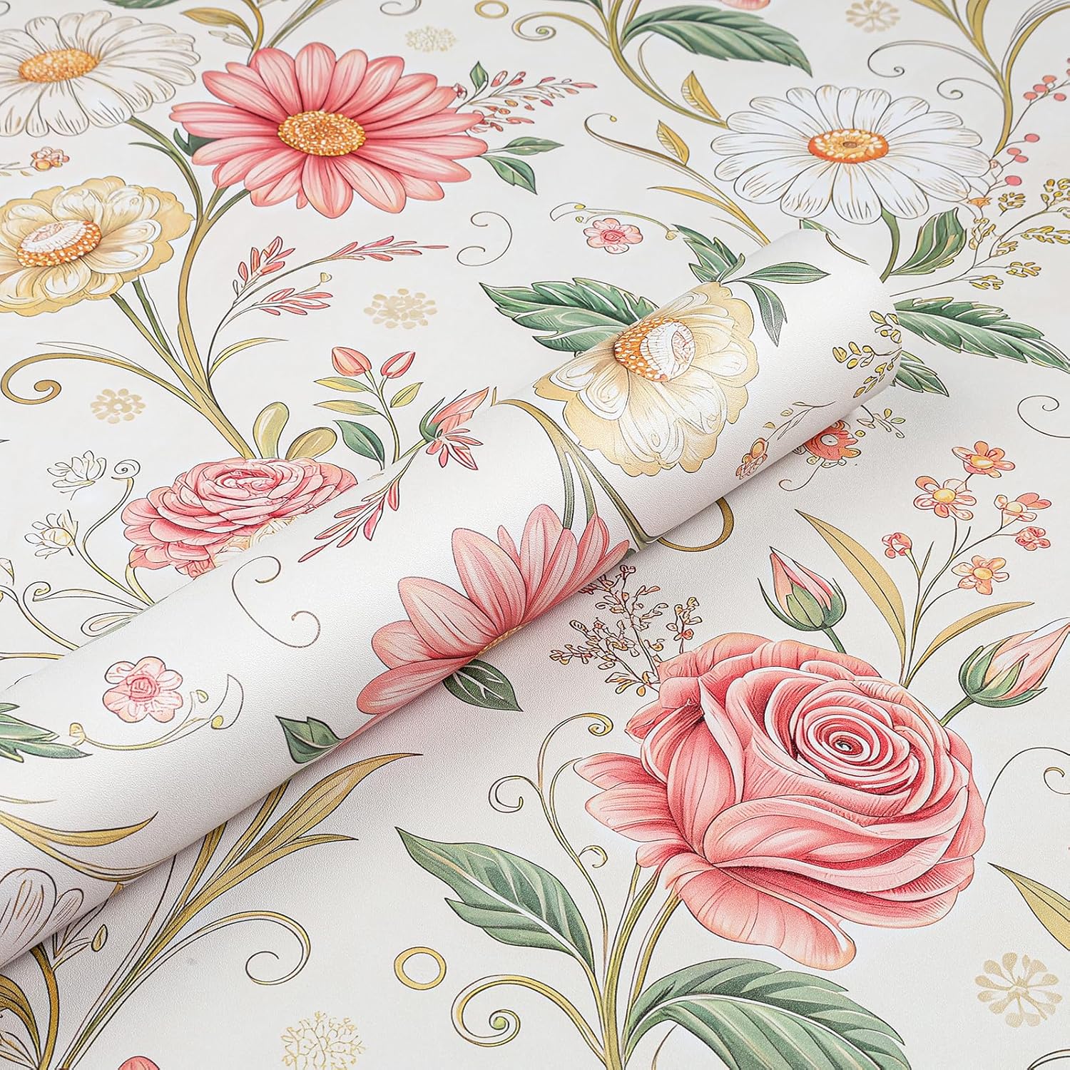 ReWallpaper 17.5inx23ft Vintage Floral Peel and Stick Wallpaper Cottagecore Shabby Chic Pink Botanical Rose Wildflower Remove Wall Covering for Bathroom Powder Room Bedroom Accent Wall Rental Friendly