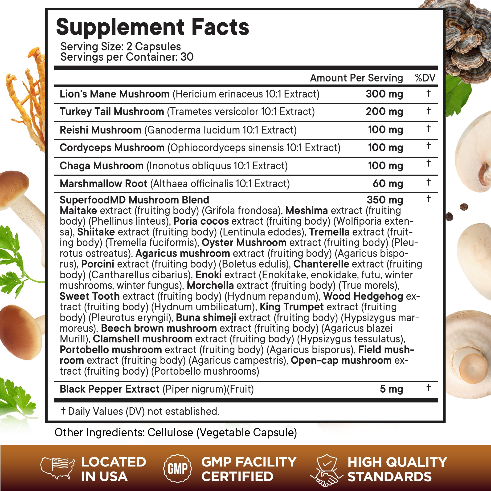 Superfood MD Lions Mane Mushroom Supplement with Turkey Tail Reishi Cordyceps Chaga with Marshmallow Root - 120 Count — Amazon image 2