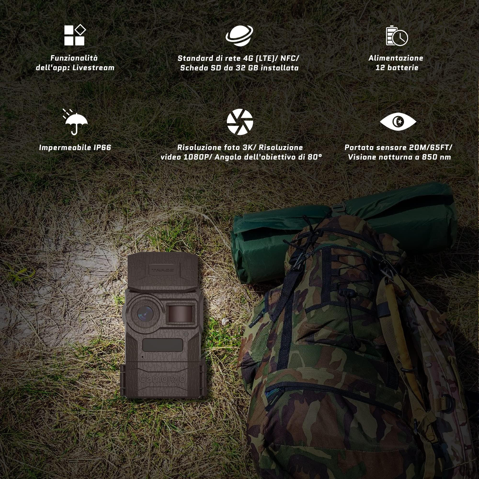 Camojojo Trace Fototrappola con SIM 4G LTE, Foto trappola infrarossi invisibili, Fotocamera caccia con IP66 impermeabile, Scheda SD da 32 GB, Multifunzioni APP, Tempo di funzionamento più lungo