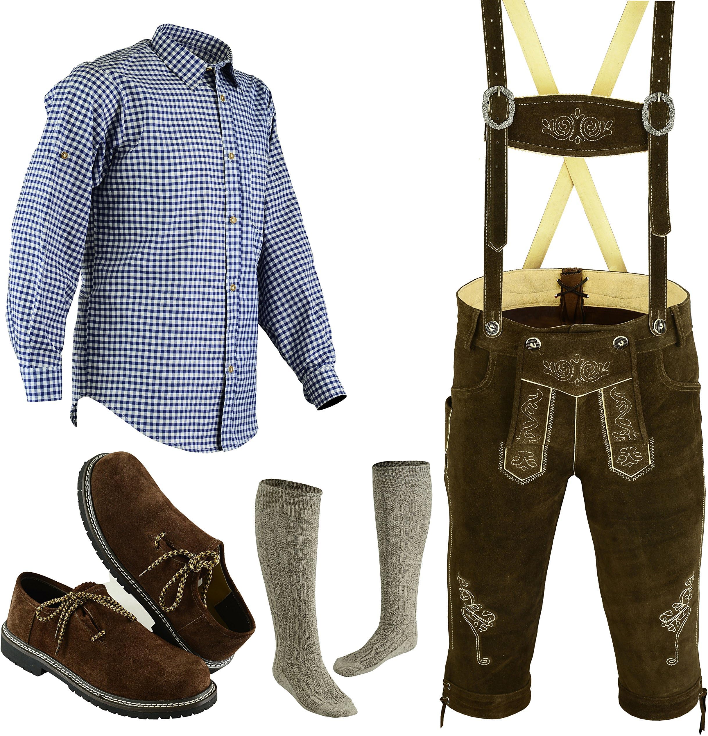 TRENDSMens Oktoberfest Trachten Lederhosen Bundhosen Costume Brown 4 Pc Complete Set