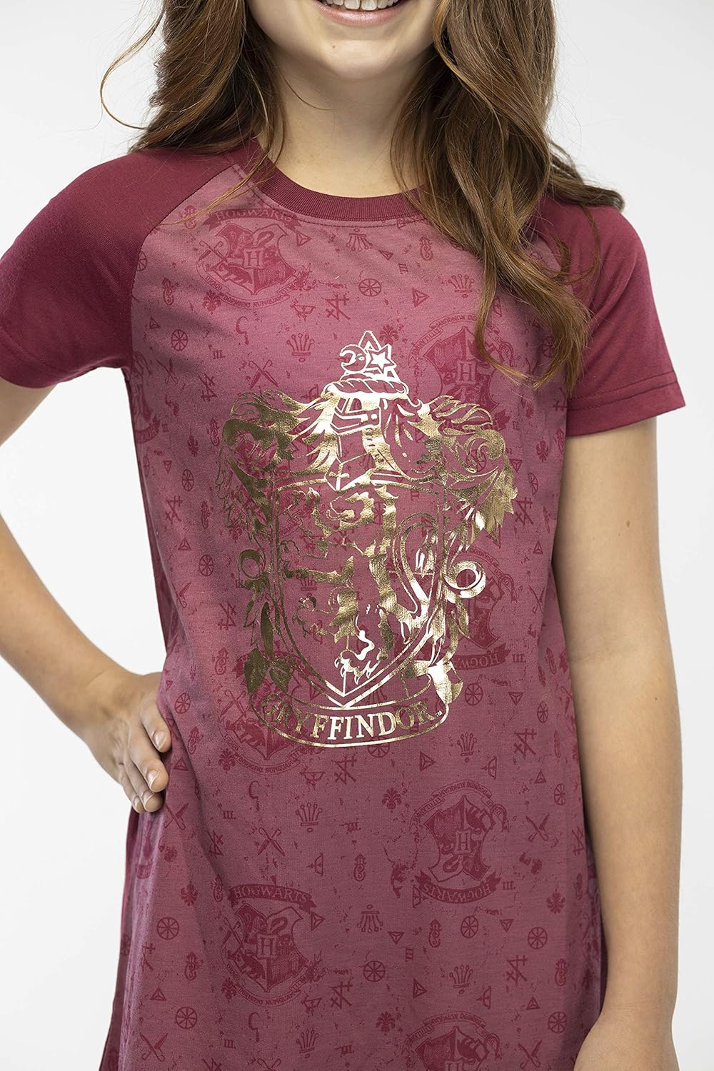 Harry Potter Girls' Foil Print Hogwarts Houses Short Sleeve Raglan Nightgown - All 4 Houses Available - Image 6