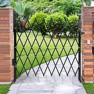 Single Folding Security Gate, 50” H x 75” W, Heavy Duty Steel Expandable Barrier with 360° Swivel Casters & Key Lock, Retractable Scissor Gate for Warehouse, Garage, Driveway, Pool Safety