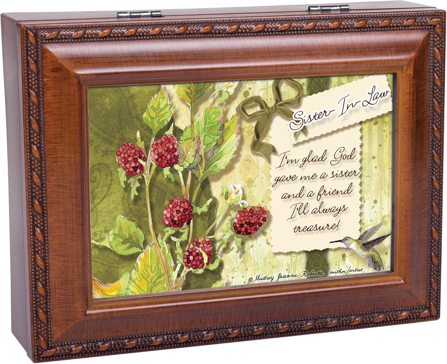 Cottage Garden Sister in Law Glad God Gave Me You Woodgrain Rope Trim Jewelry Music Box Plays Wonderful World