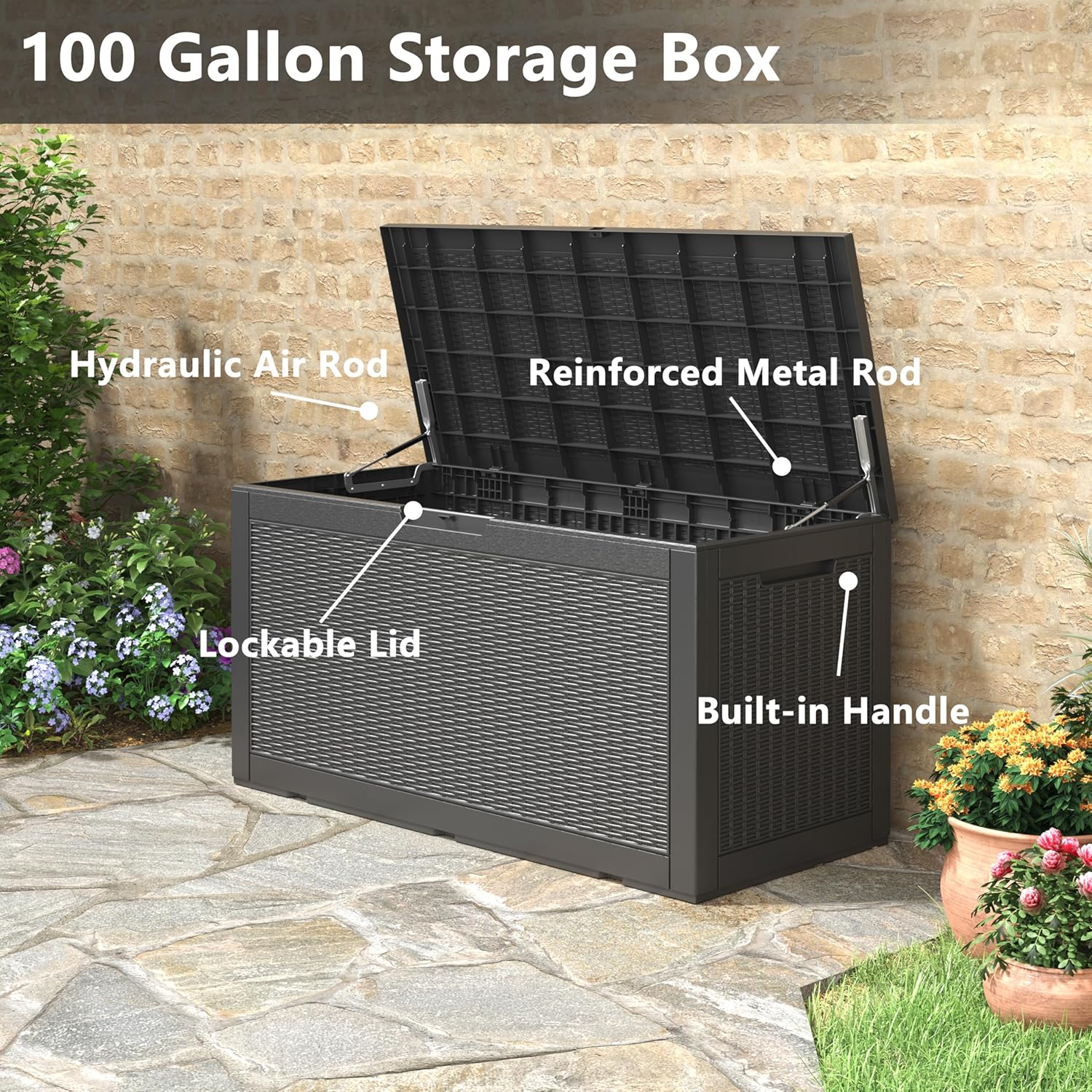 Oudoor Storage Box, 100 Gallon Resin Waterproof Deck Box Outside, Lockable Lid for Delivery Box, Patio, Indoor, Garden Tools, Pool Supplies - Black - Image 3