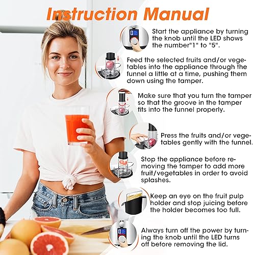 Miniatura 8 de Exprimidor centrífugo de 1000 W, 5 velocidades, pantalla LCD, para verduras y frutas, extractor de jugo Regenerate con boca grande de 3 pulgadas de