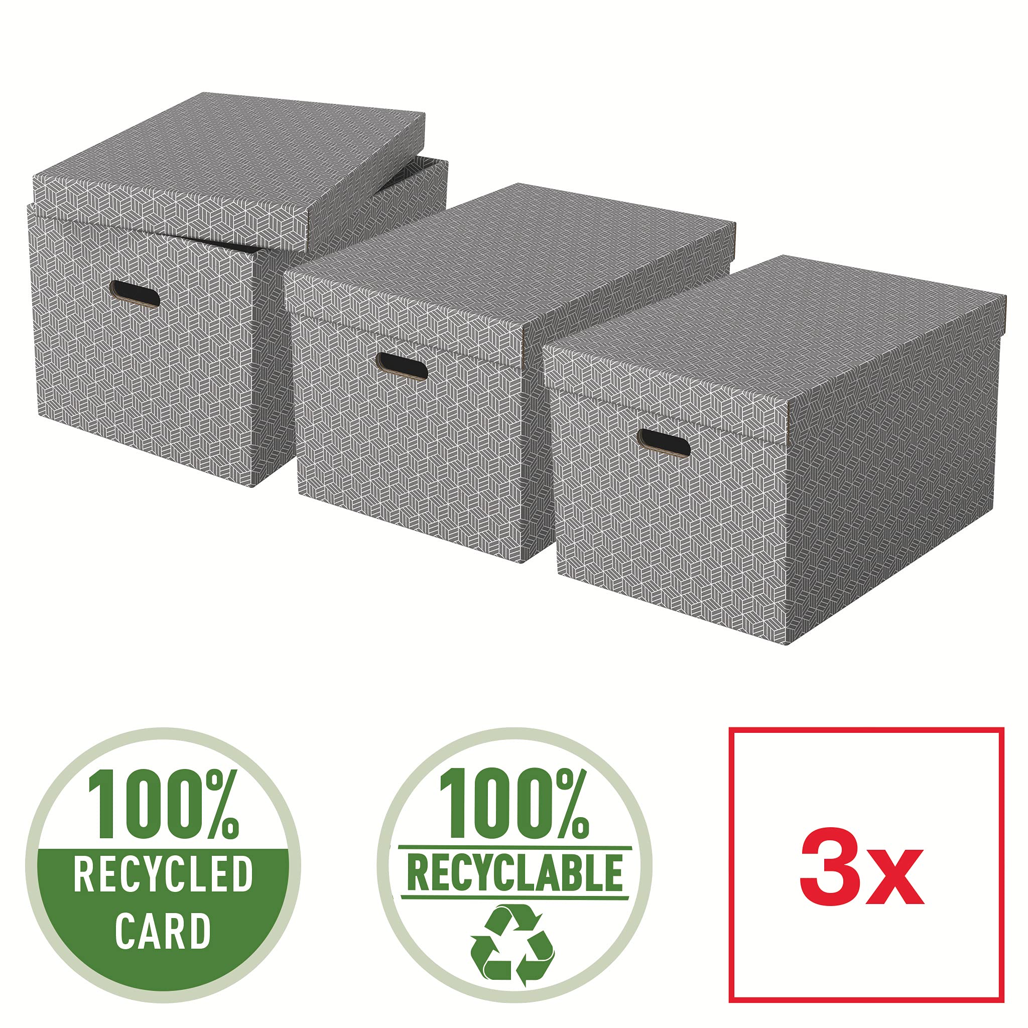 Esselte, Duże Pudełko z Pokrywką do Przechowywania, do Domu/Biura, Karton z Surowców Wtórnych, Podlega w 100% Recyklingowi, Geometryczny Wzór, Kolor Szary, 3 Sztuki (628287)