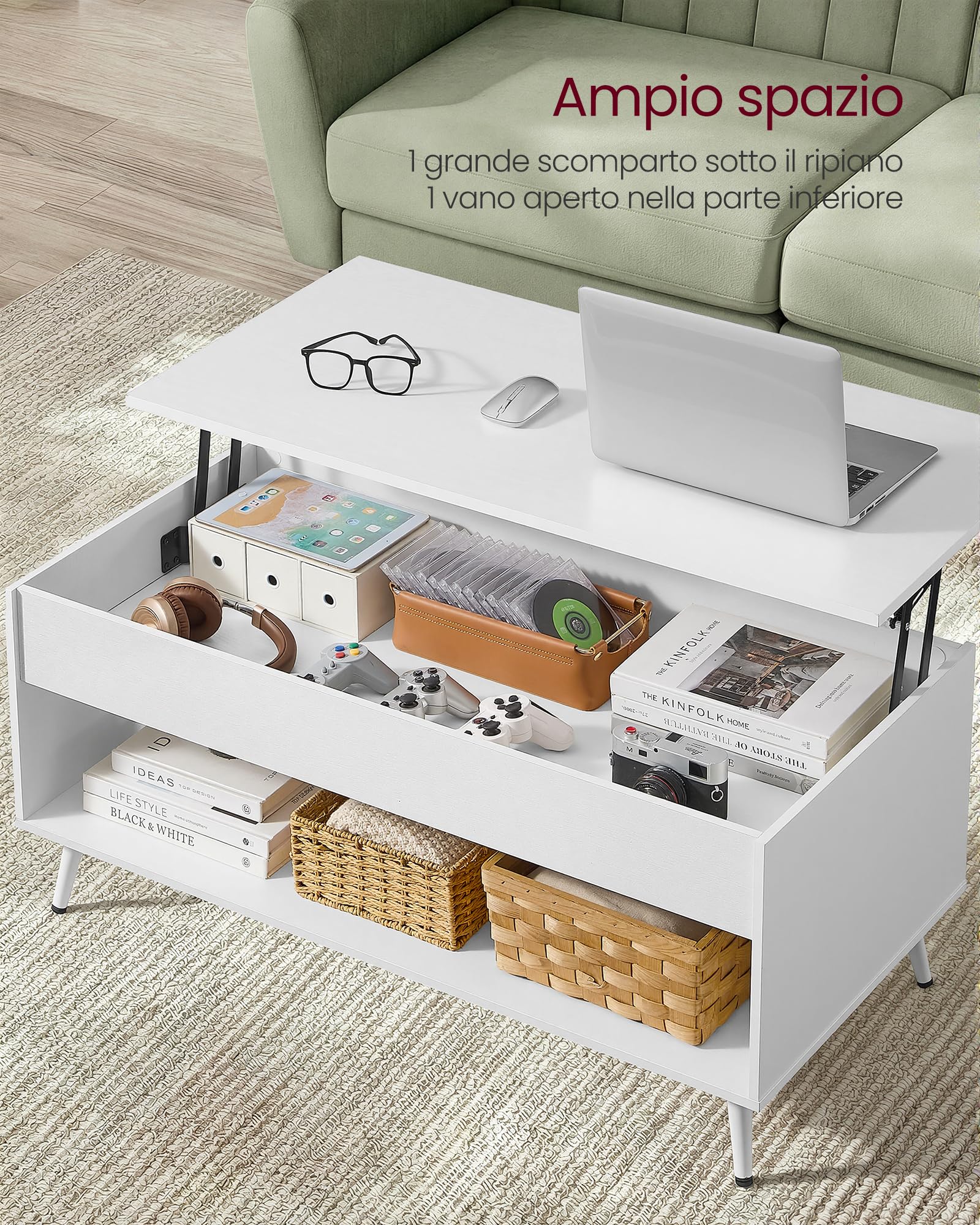 VASAGLE Tavolino da Salotto, Tavolino da Caffè con Piano Sollevabile, Molla a Gas, Vano Nascosto, Ripiano Aperto, Soggiorno Ufficio Sala da Pranzo, Bianco Neve e Bianco Opaco LCT267WE01