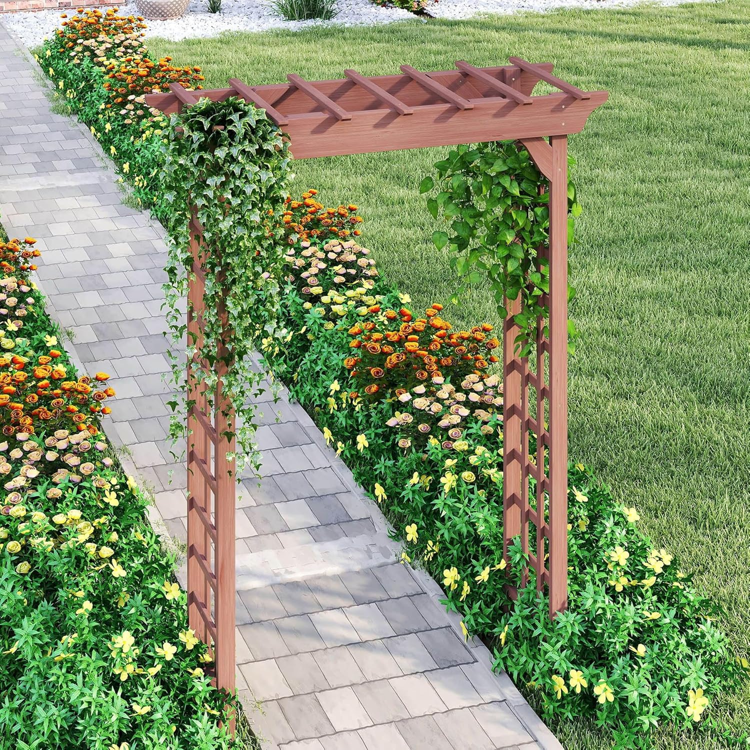 Wooden Garden Arbor, 7ft Wedding Arch for Ceremony, Outdoor Wood Trellis for Climbing Plants, Rustic Pergola for Backyard, Patio, Christmas & Party Decor, (Brown, 63 * 23 * 85)