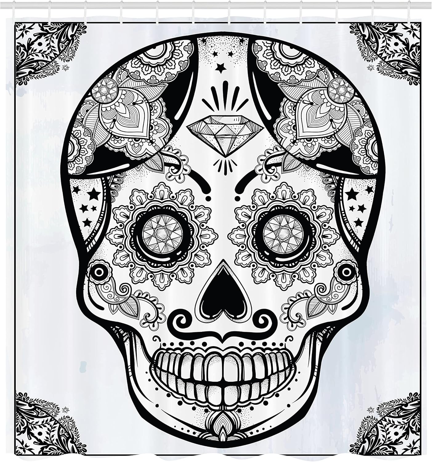 Ambesonne Day of The Dead Shower Curtain, Holiday Sugar Skull Print with Floral Mandala Spanish Folk Art, Cloth Fabric Bathroom Decor Set with Hooks, 69" W x 84" L, Black Pale Grey