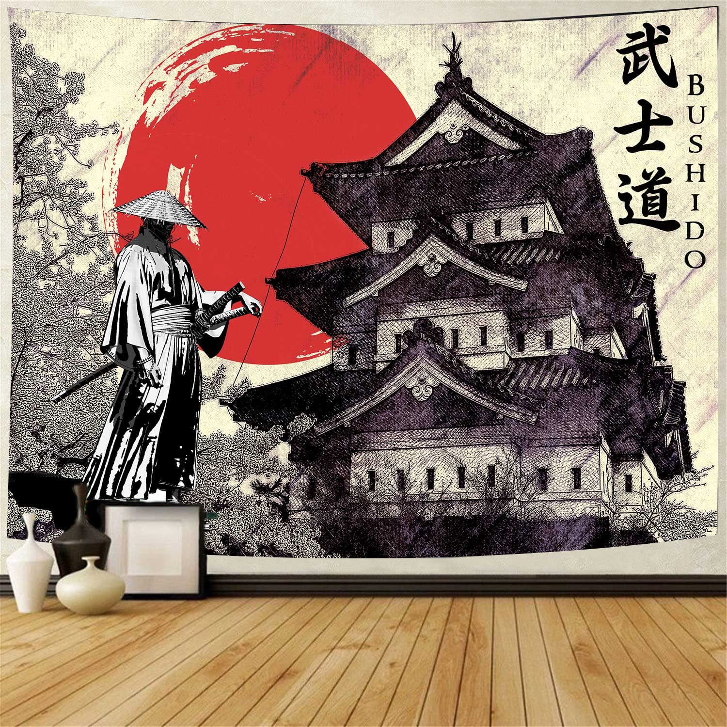 Grande Tapisserie Murale Soleil Guerrier Japon Rouge - Tenture 180x230 Cm Polyester HD Bohème