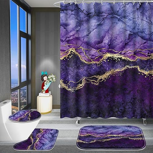 Miniatura 6 de Poedist Juego de 4 cortinas de ducha de baño con borde dorado, juego de baño con cortina de ducha y alfombras (tapete de baño, forma de U y tapete