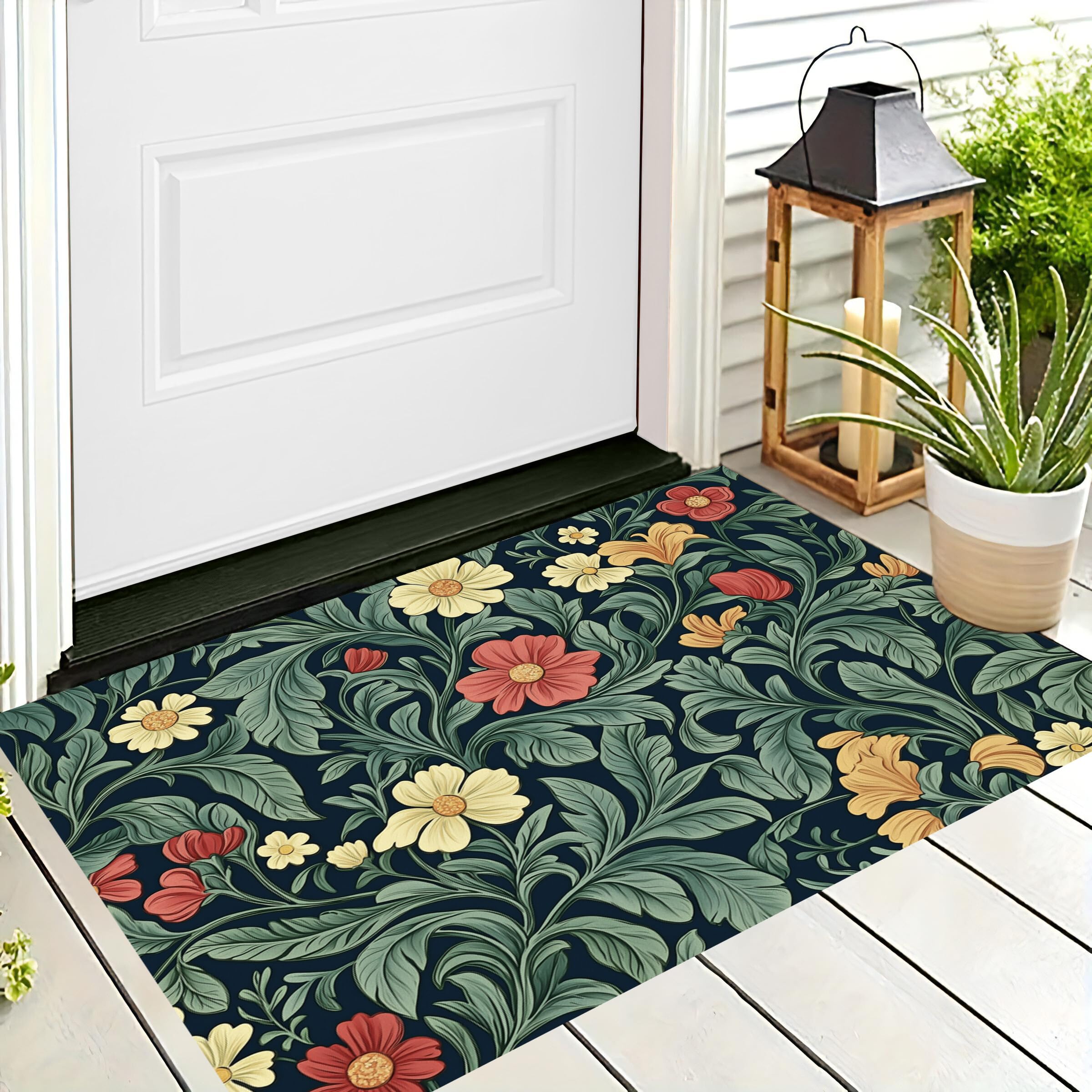 Paillasson fleurs rouges et vertes 60x90cm pour tapis d'entrée intérieur extérieur