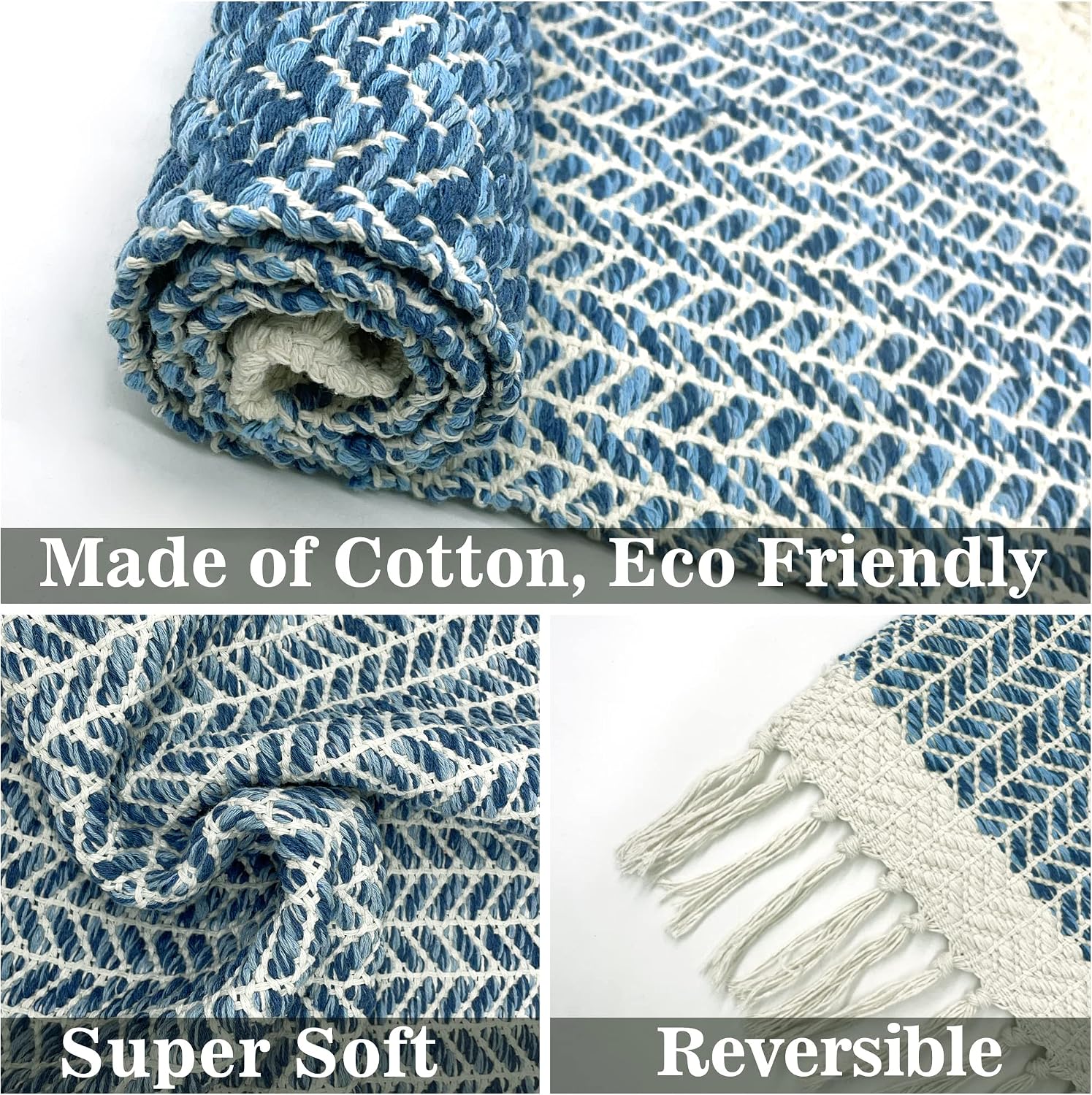 Eanpet Boho Rug 2' x 3' Washable Braided Runner Rugs Cotton Area Rug with Tassels Hand Woven Small Throw Rug Reversible Indoor Outdoor Floor Mats for Laundry Room Kitchen Bedroom Bathroom,Blue