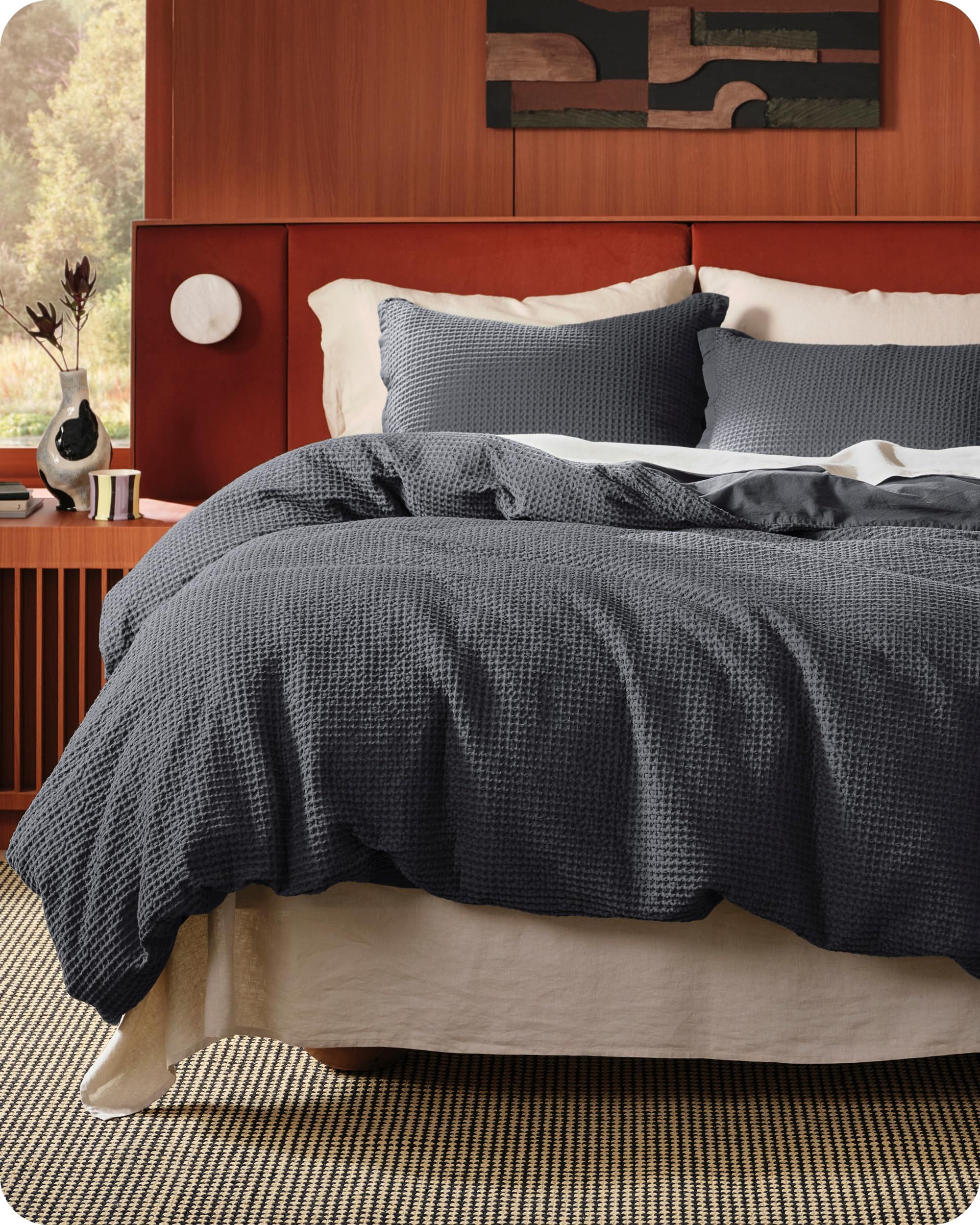 Bedsure Cotton Duvet Cover Queen - 100% Cotton Waffle Weave Charcoal Duvet Cover Queen Size, PureWoven Breathable Bedding Set for All Season, 3 Pieces, 90"x90"