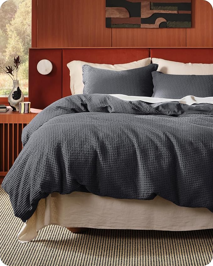 Waffle Weave Duvet Cover King - 100% Cotton Boho Duvet Cover with 2 Pillowcases - Cream White Textured Comforter Cover with Zipper Closure (King, 104"x90")