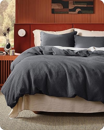 Bedsure Cotton Duvet Cover Set - 100% Cotton Waffle Weave Charcoal Duvet Cover Oversized King Size, GentleSoftâ„¢ and Breathable Bedding Set for All Season, 3 Pieces, 120"x98"