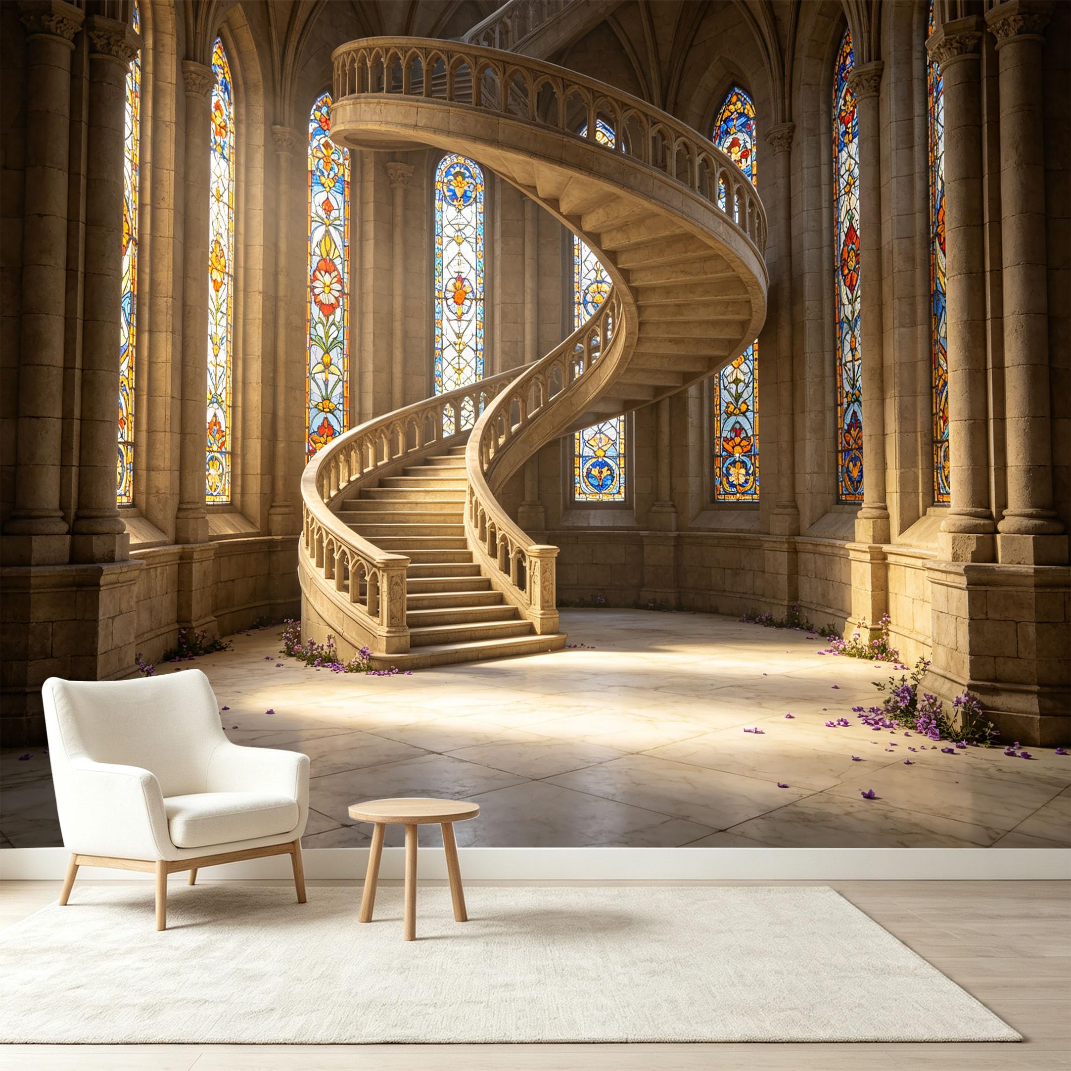 Custom Size Wall Murals Neoclassical Cathedral Spiral Staircase Stained Glass Windows 3D Trompe L'Oeil Self-Adhesive Wall Fabric Removable Wallpaper Wall Decor for Living Bedroom Bathroom