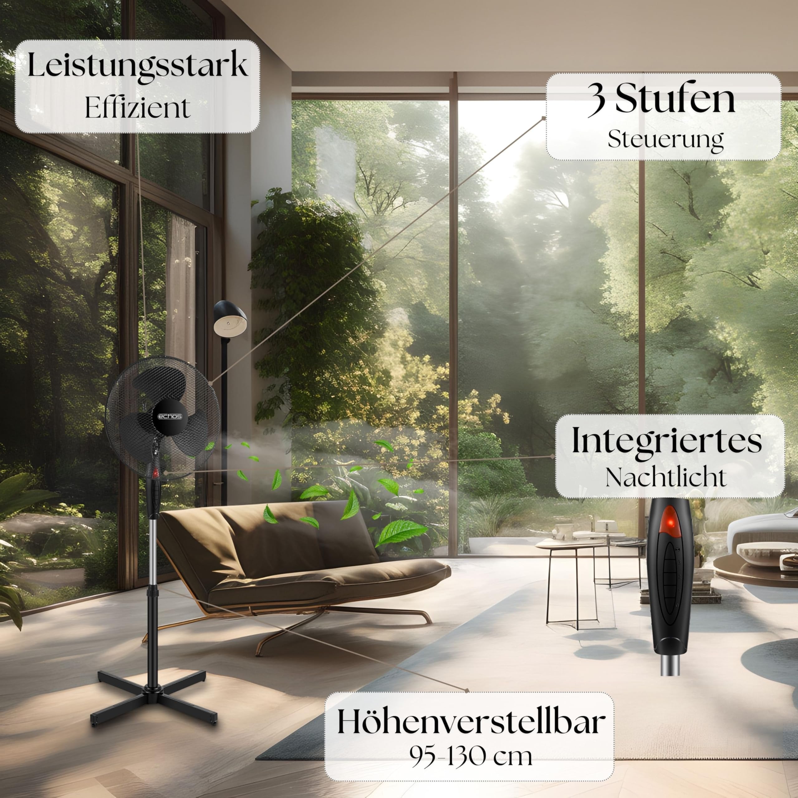 Echos® Standventilator Ø43cm kraftvoller Ventilator sehr leise energiesparend hoher Luftdurchsatz 3 Stufen Oszillationsfunktion 90° höhenverstellbar Bodenventilator mobiler Luftkühler Standlüfter