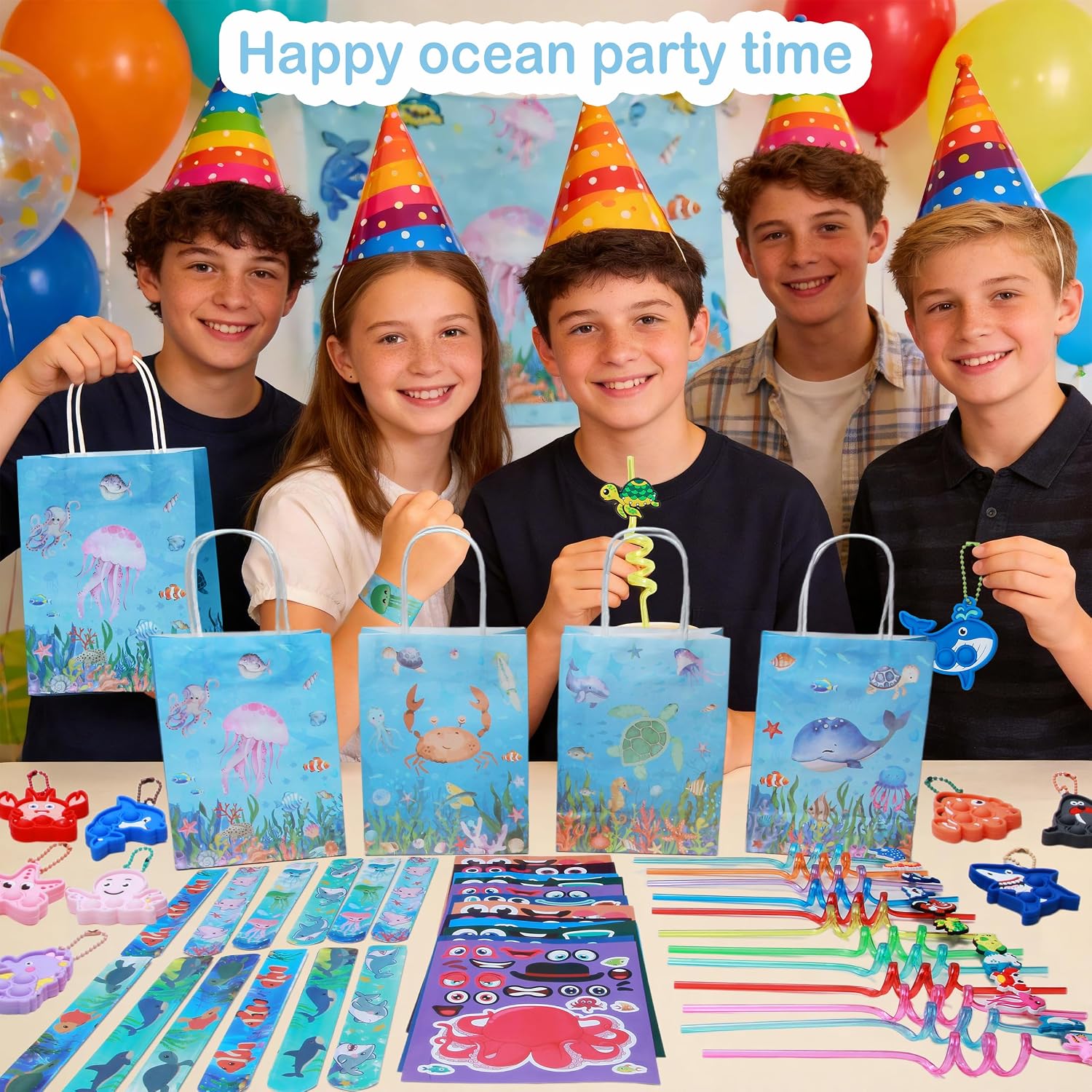 J6&H6 Under the Sea Party Favors , Ocean Birthday Party Supplies - Gift bags with handles Silicone Stress Relief Button Slap Bracelet Straws and Stickers, suitable for Ocean Theme Party Favors
